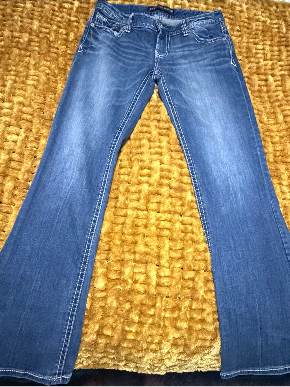 Express Stella Low-Rise Boot Cut Blue Jeans with Subtle Fade